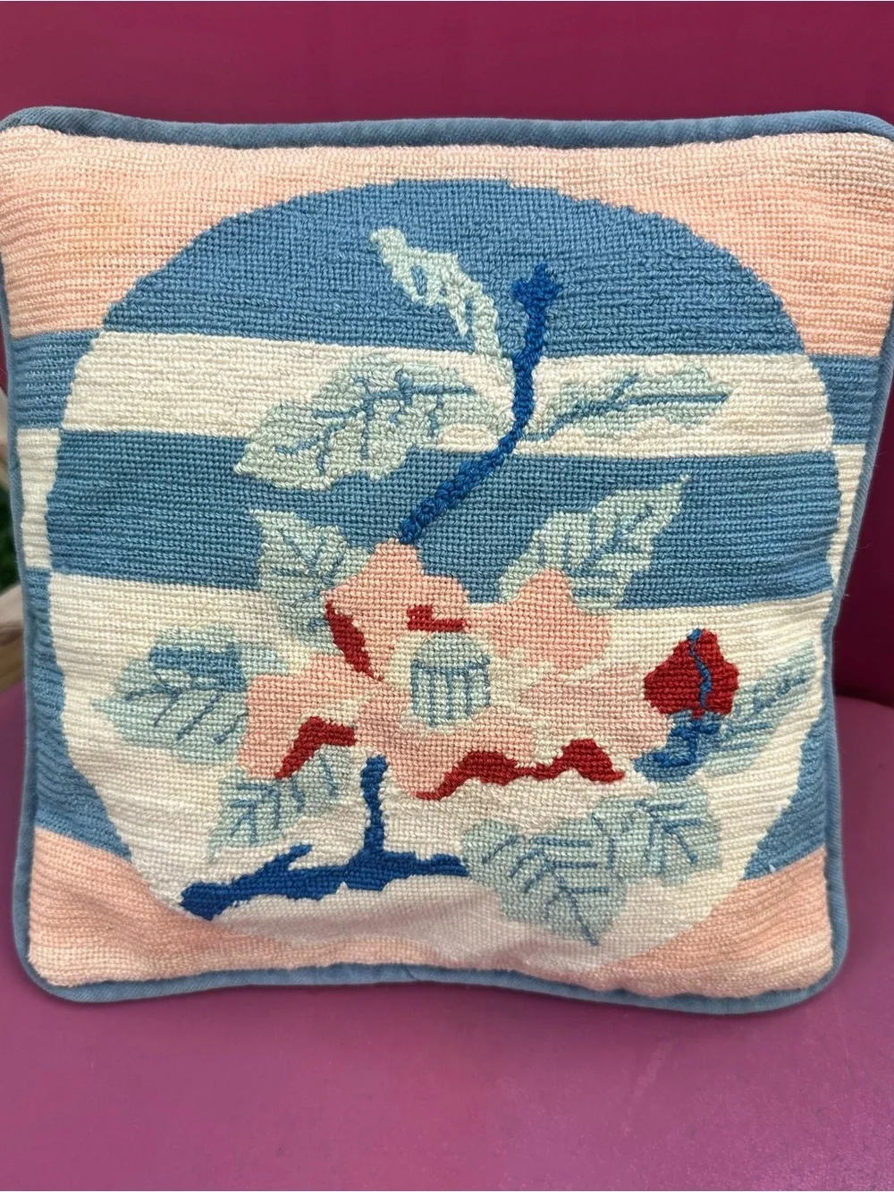Handcrafted Blue and Pink Floral Hooked Throw Pillow